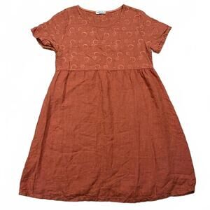 Terzo Millennio Linen Embroidered Babydoll Dress Orange Size Small